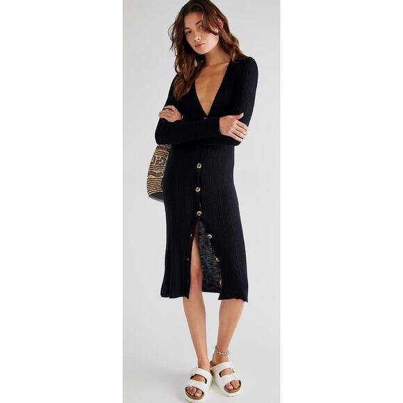 New Free People Date Night Long Sweater Dress Sz Medium Black Ribbed Buttons - Picture 1 of 12